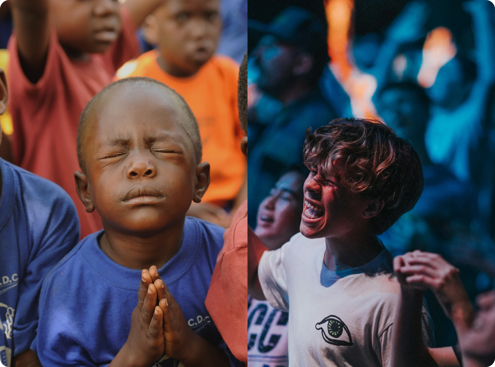 A split photo of a child praying in a Compassion program and a child worshiping at a local, Canadian church.
