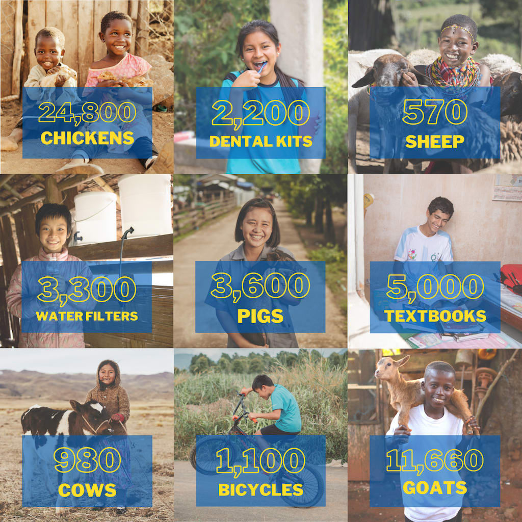 24,800 chickens; 2,200 dental kits; 570 sheep; 3,300 water filters; 3,600 pigs; 5,000 textbooks; 980 cows; 1,100 bicycles; 11,660 goats