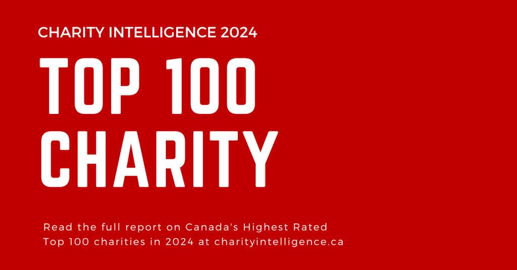 A red rectangle with the following words written inside: Charity Intelligence 2024; Top 100 Charity; Read the full report on Canada’s Highest Rated Top 100 Charities in 2024 at charityintelligence.ca