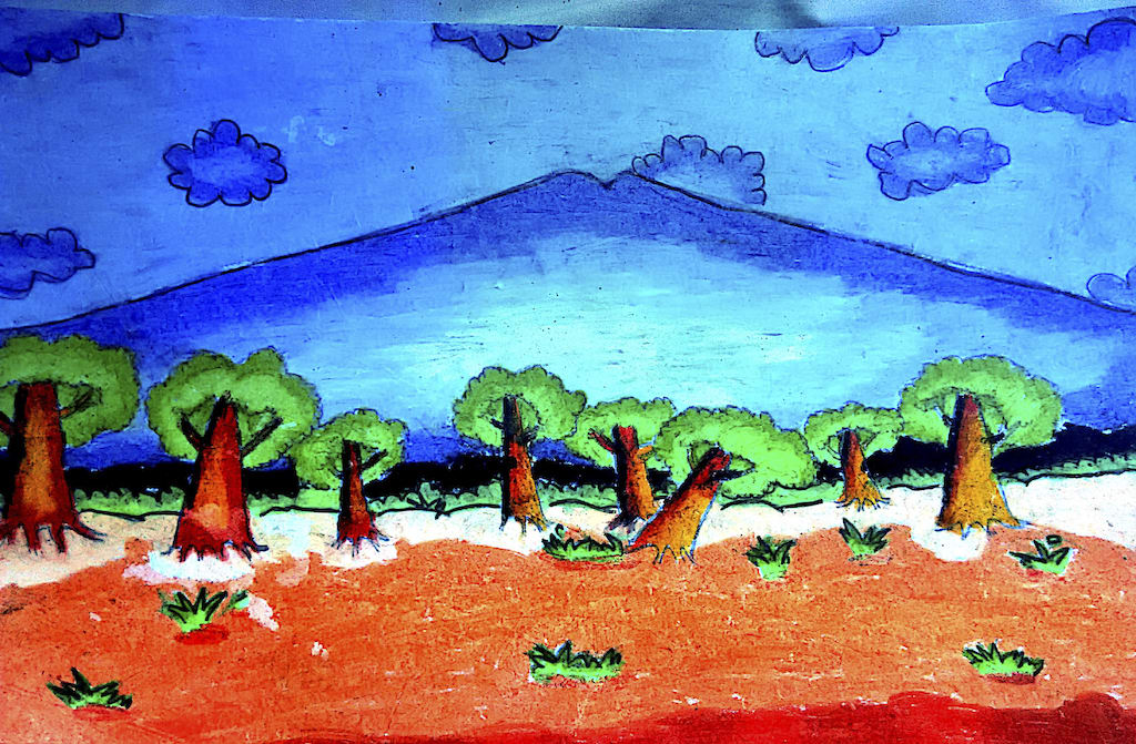 A drawing of a mountain and valley.