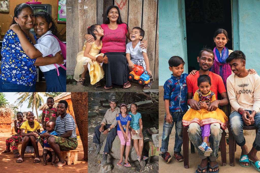 A collage of photos of different families. They are all smiling and sitting together in front of their homes.