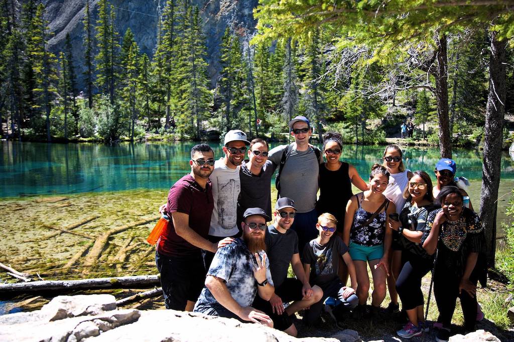Brett and a group from his church pose while on a hike.