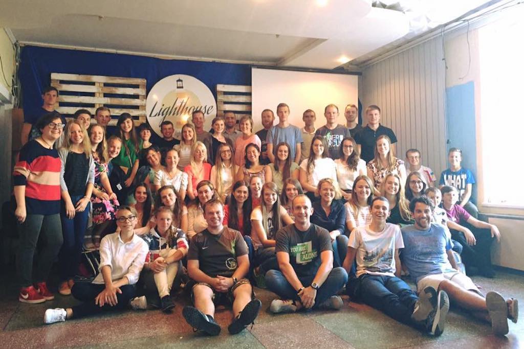 Brett inside a church with a group, in Ukraine.