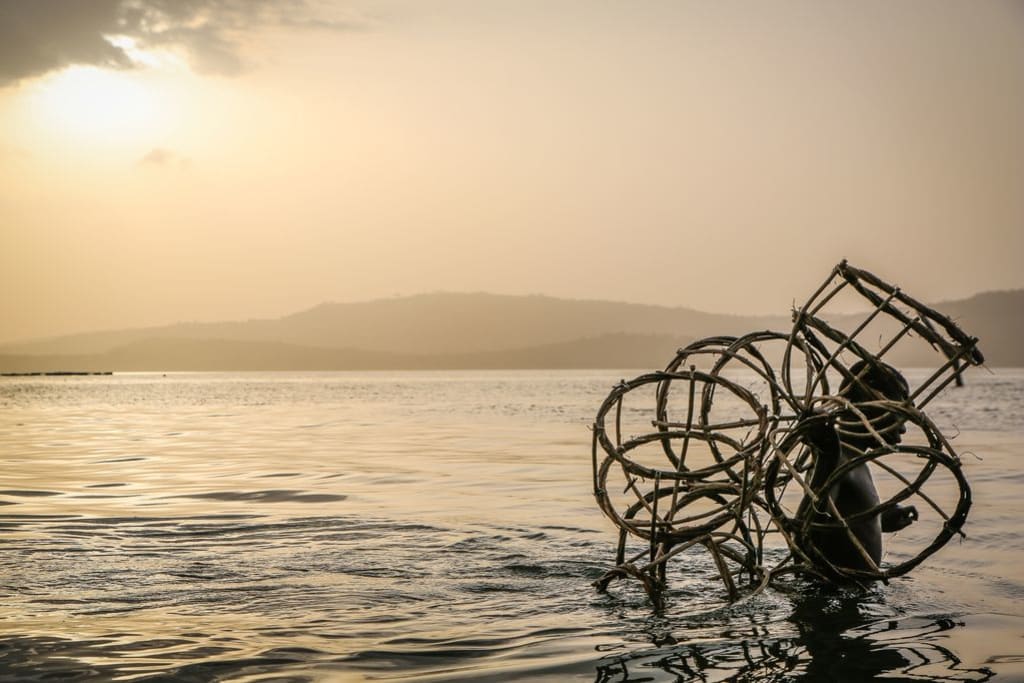 A boy carried traps over his head in the sunset.