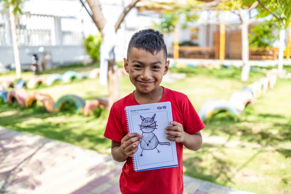 A little boy wears a red t-shirt and holds up a picture of a cat.
