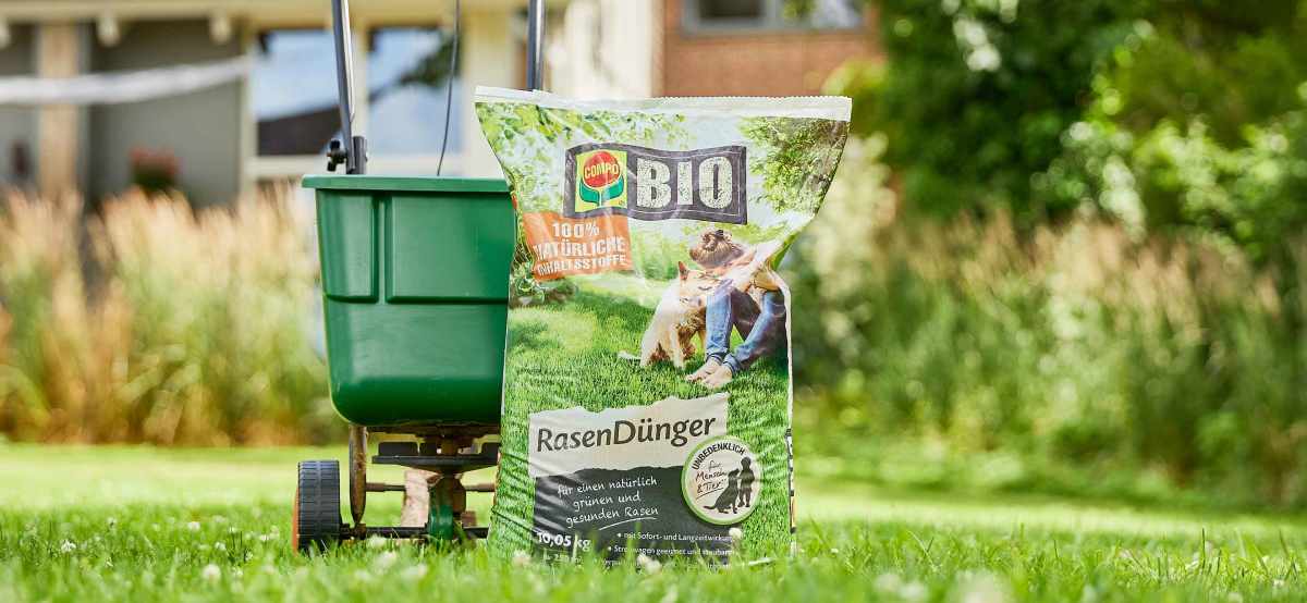 Streuwagen und COMPO BIO Rasendünger stehen auf dem Rasen