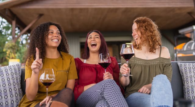 Three women holding wines and laughing in the gazebo, a favorite location to enjoy the small producer wines at Compris Vineyard.