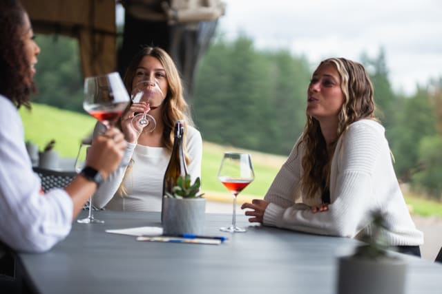 Slide Image. Three women enjoying some of the best wine on the dog friendly covered patio with a view of Compris vineyard in the background.