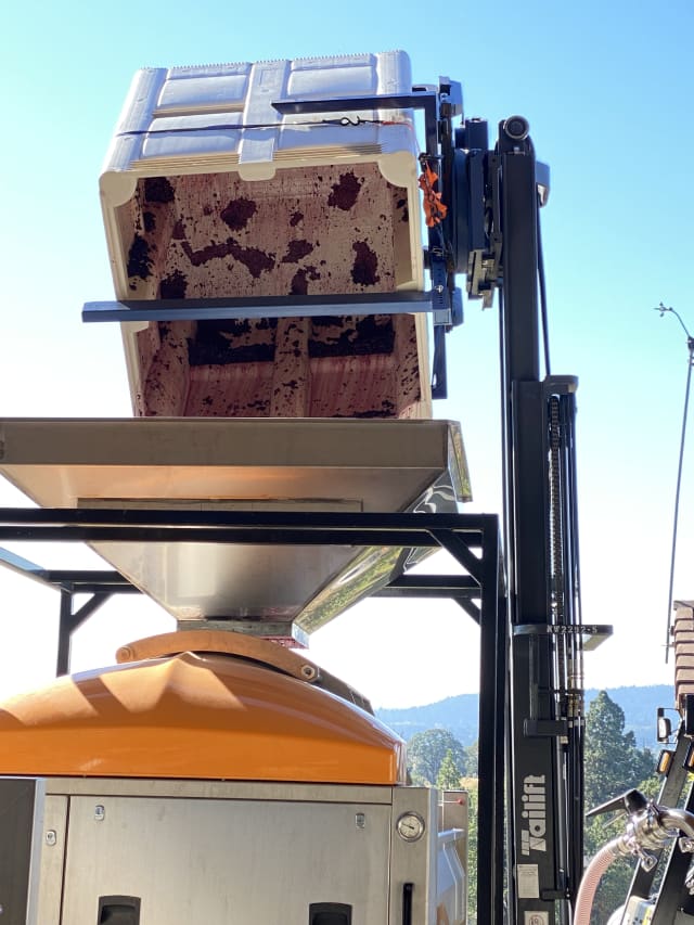 Slide Image. Adding grapes to the press