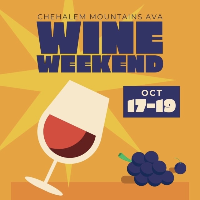 A colorful flyer advertising the Chehalem Mountains Wine Weekend Oct 17-19, 2025.