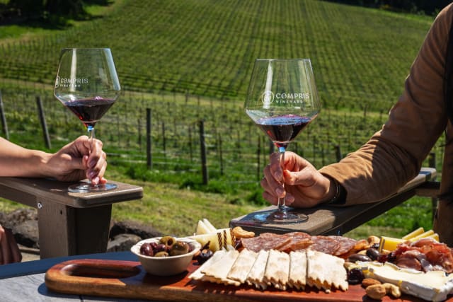 Slide Image. Compris glasses with red wine, charcuterie board, and a view of the vineyard in the Willamette Valley.