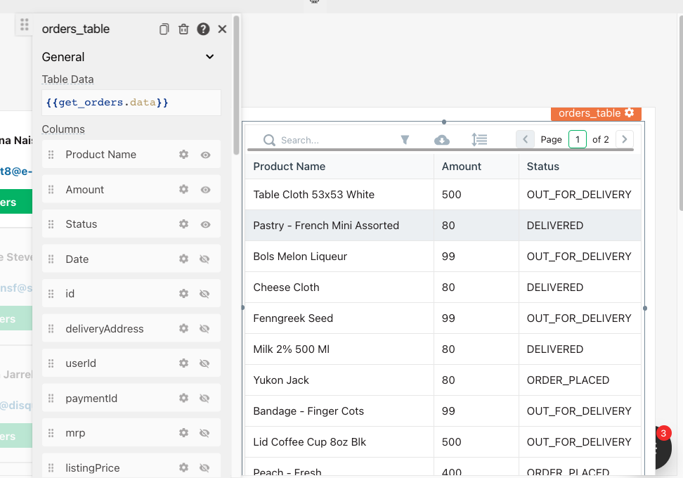 image showing data binding and column configuration for the Table widget