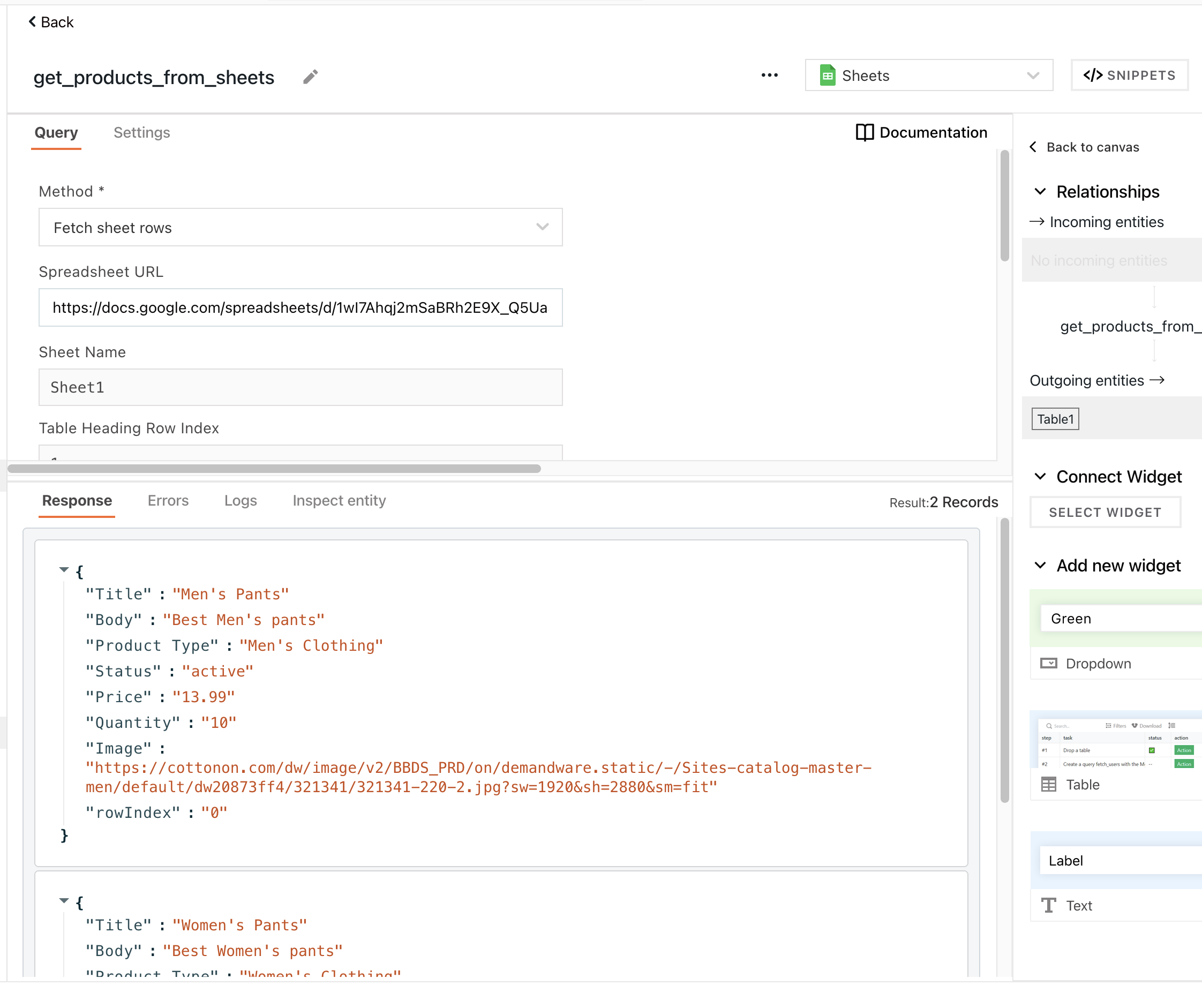 get products from sheets config