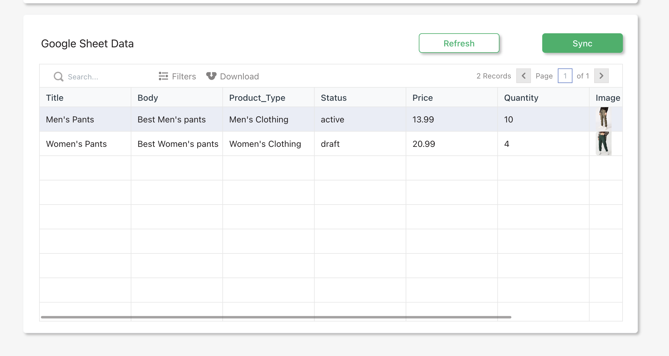 displaying sheet data