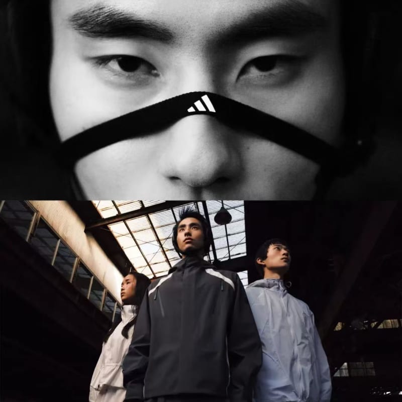 Close-up of a face and below three men wearing modern adidas jackets