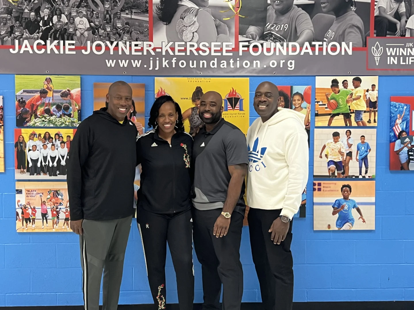 [left to right] Al Joyner - track and field Olympian and brother to JJK, track and field Olympian and foundation founder - Jackie Joyner Kersee, Director of adidas NAM DE&I – Benjamin Lee, President of adidas NAM – Rupert Campbell during adidas NAM’s visit to the JJK Center in East St. Louis.