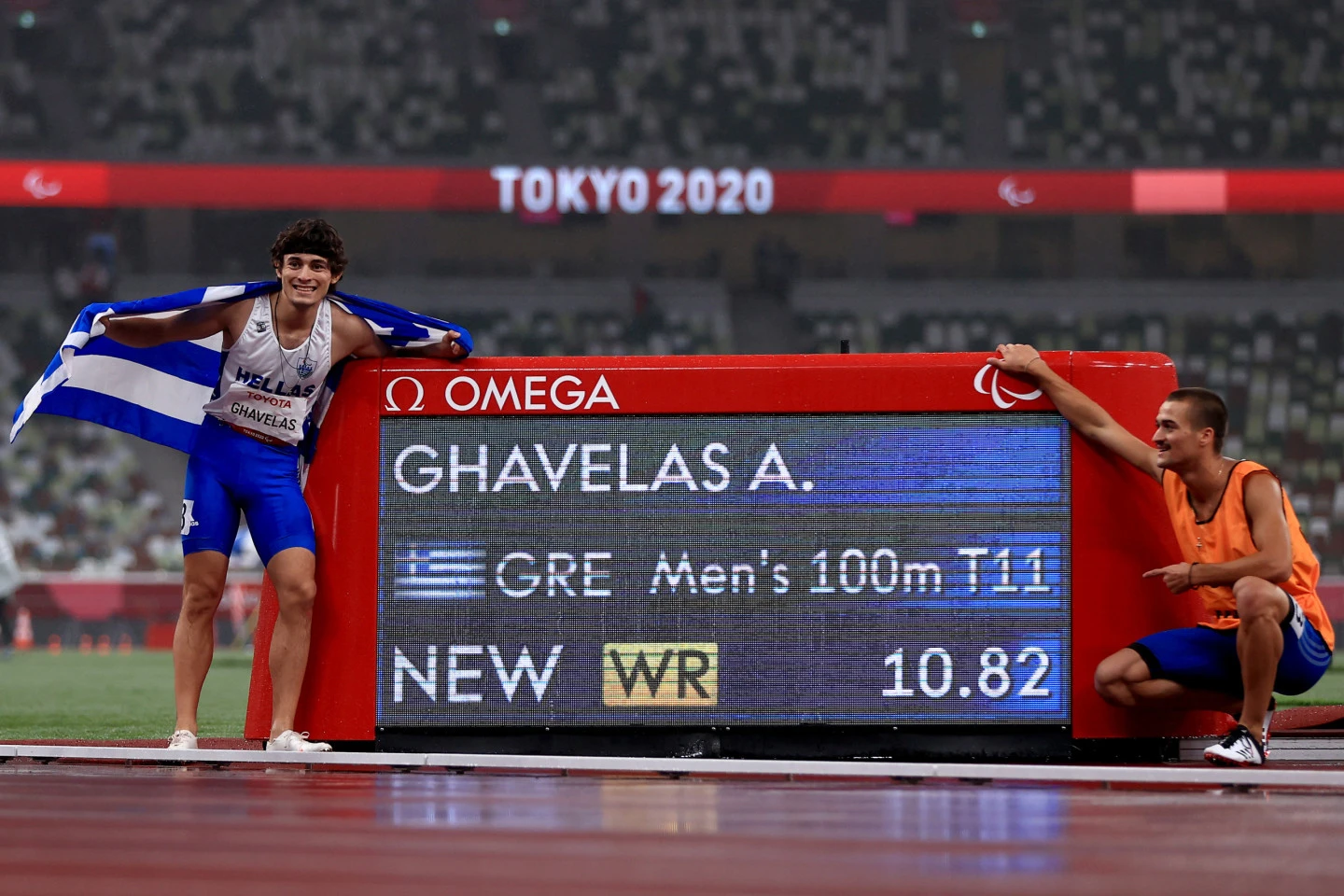 Nasos celebrates with his guide Sotirios Gkaragkanis after winning gold in the Men’s 100m at the Tokyo Paralympics. ©Buda Mendes, Getty Images