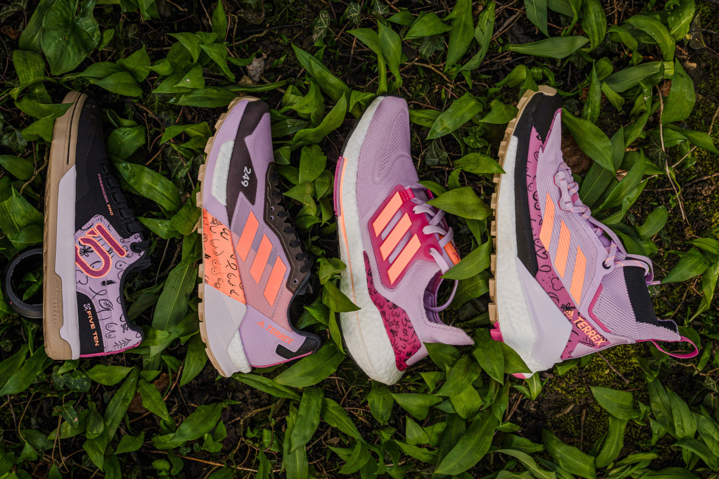 Footwear from the Breast Cancer Awareness Collection: Five Ten Freerider Pro, TERREX Free Hiker, TERREX Agravic Ultra, adidas Ultraboost