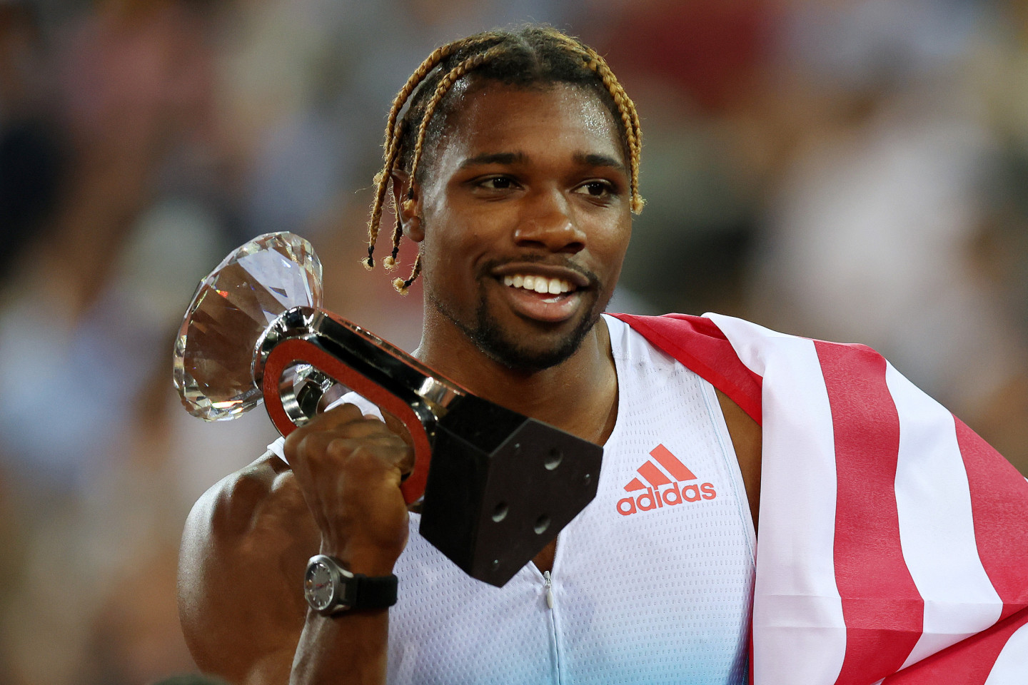 Noah celebrating his victory during the Weltklasse Zurich, 2022. ©Alexander Hassenstein/Getty Images