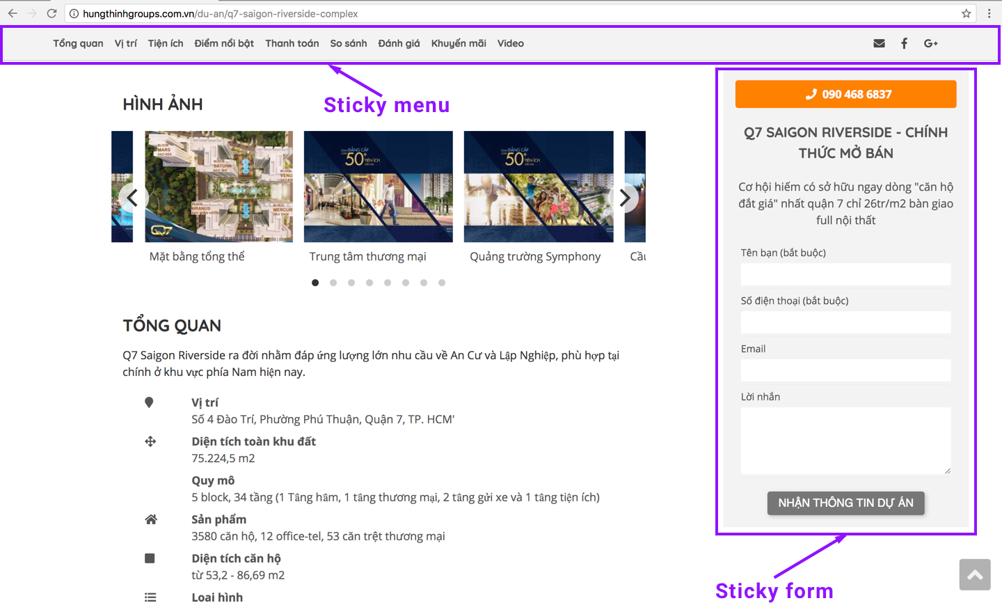 Hình 4.2 – Form điền thông tin được thiết kế sticky trên desktop