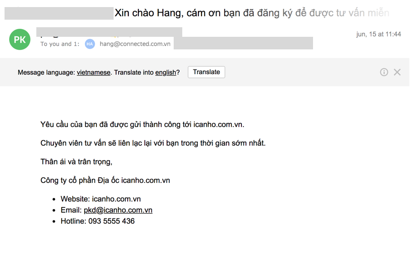 Hình 4.3 – Email thông báo khách hàng sau khi đăng ký thể hiện sự chuyên nghiệp đẳng cấp