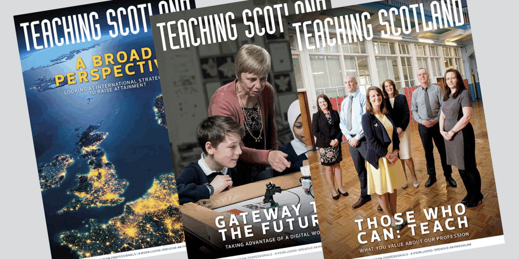 A display of recent Teaching Scotland magazine covers