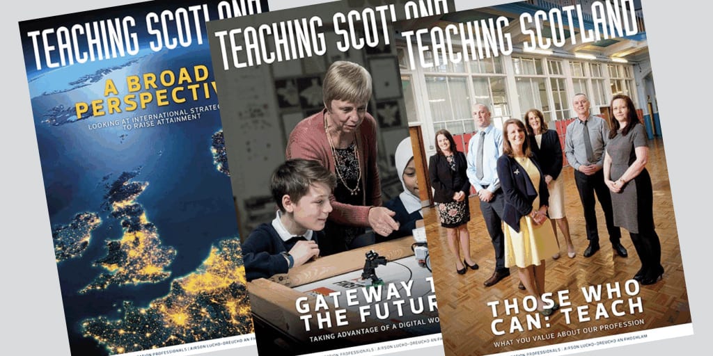 A display of recent Teaching Scotland magazine covers