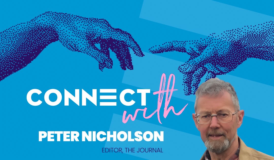 An image of Peter Nicholson, our editor for the Law Society of Scotland's Journal magazine. In the background, two blue hands reach towards one another, and the Connect logo is faded over the right hand side. In the bottom right, is Peter!