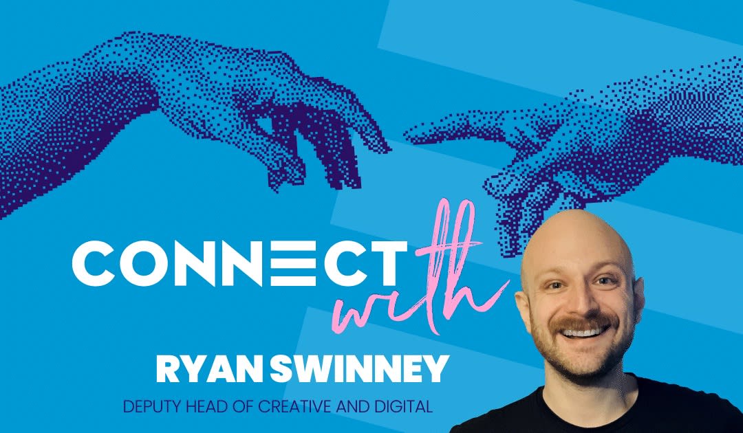 A picture of our Deputy Head of Design Ryan over a picture of our logo and two hands reaching out to one another.