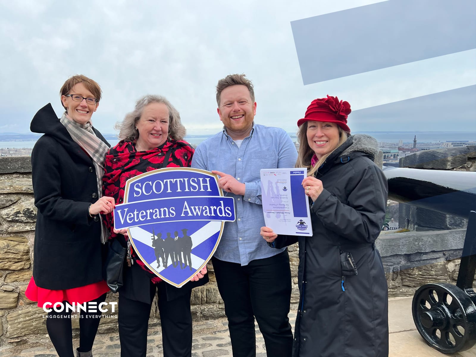 A picture of our account manager Leanne and frontend developer Paul with our client Forces Children's Education (FCE) who have recently won a Bronze Award at the Scottish Veterans Awards.