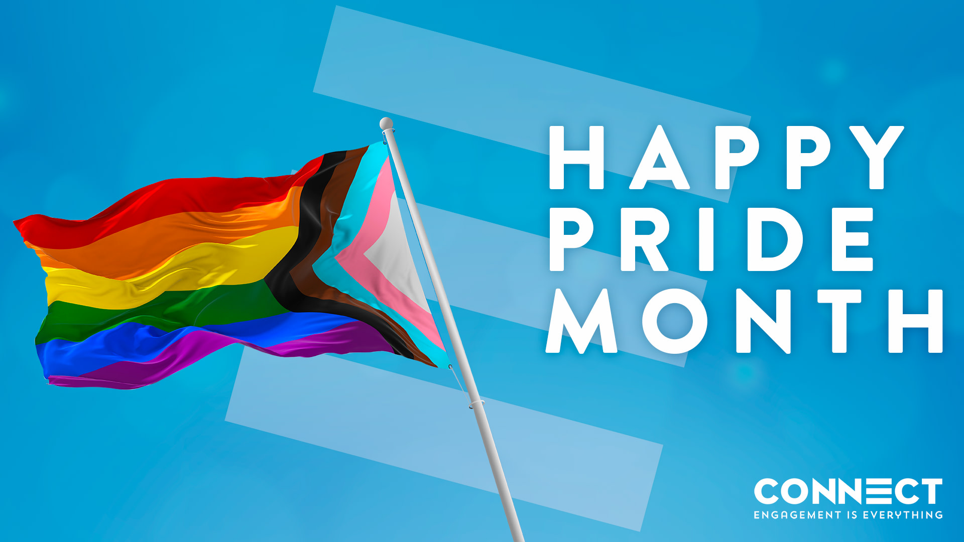 An image of a blue background with the Connect logo and the Pride flag, to celebrate Pride Month. To the right is text that says 'Happy Pride Month'.