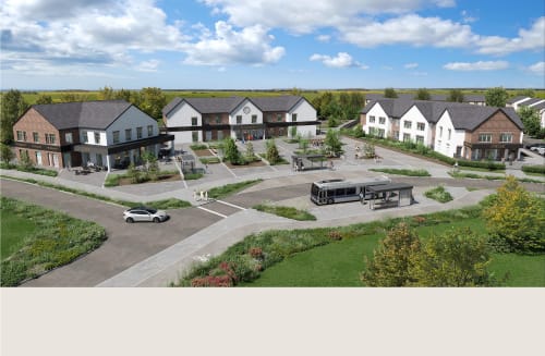 NEIGHBOURHOOD FACILITIES AT THE VILLAGE GREEN Raynoldstown Village is a modern development that, upon completion, will feature approximately 1,250 houses along with a mixed-use neighbourhood facility. The neighbourhood amenities will consist of three two-storey detached buildings, which will house a mini-market retail shop, medical and pharmacy services, a café, a dental practice, and a childcare facility. The development's primary emphasis is on supporting the residential community by prioritizing the needs of cyclists and pedestrians. This will be achieved through the provision of extensive open spaces, walkways, parklands, and user-friendly streets that foster a safe and accessible environment for all residents.