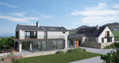 EXTENSION AT KILSALLAGH A contemporary three-story extension to an existing 1990s-style dormer dwelling in a rural setting within the townland of Kilsallagh Lower, Westport in County Mayo.