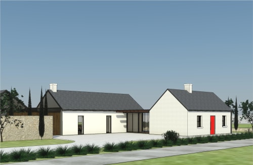 EXTENSION OF VERNACULAR COTTAGE The subject property is located on Barberstown Road, just outside the village boundary of Straffan. The site was previously home to a single-storey detached vernacular cottage, which is not a protected structure. The proposed development includes a sensitively designed single-storey, four-bedroom extension that respects the scale and form of the original cottage, preserving its distinctive character. The existing cottage will continue to serve ancillary functions, housing a library, sitting room, and TV room, thereby ensuring its ongoing use and integration with the new extension. This design maintains a harmonious relationship between the old and new elements of the property.