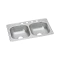 Elkay® D233224 Dayton® Kitchen Sink, Satin, Rectangle Shape, 14 in Left, 14 in Right L x 15-3/4 in Left, 15-3/4 in Right W x 6-3/8 in Left, 6-3/8 in Right D Bowl, 4 Faucet Holes, 33 in L x 22 in W x 6-9/16 in H, Top Mount, Stainless Steel