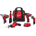 Milwaukee® M12™ 2498-25 5-Tool Keyless Cordless Combination Kit, Tools: 2407-20 3/8 in Cordless Drill Driver/HACKZALL® 2420-20 Reciprocating Saw/2462-20 Cordless Impact Driver/2457-20 12 V 3/8 in Cordless Ratchet/49-24-0146 LED Work Light, 12 VDC, 1.5 Ah