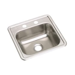 Elkay® D115152 Dayton® Bar Sink, Satin, Squared Shape, 12 in L x 10 in W Bowl x 5 in D Bowl, 2 Faucet Holes, 15 in L x 15 in W x 5-3/16 in H, Top Mounting, Stainless Steel
