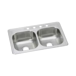 Elkay® DSE233223 Dayton® Kitchen Sink, Stainless, Rectangle Shape, 14 in Left, 14 in Right L x 15-3/4 in Left, 15-3/4 in Right W x 7-7/8 in Left, 7-7/8 in Right D Bowl, 3 Faucet Holes, 33 in L x 22 in W x 8-1/16 in H, Top Mount, Stainless Steel