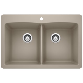 Blanco 441285 DIAMOND™ SILGRANIT® Equal Double Bowl Dual Mount Kitchen Sink With Ledge, DIAMOND™ SILGRANIT®, Rectangle Shape, 1 Faucet Holes, 33 in W x 22 in H, Drop-In/Under Mount, Granite, Truffle, Import