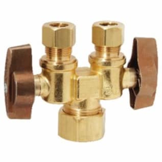 BrassCraft® KTCR1901DVSX R KT™ 1/4 Turn Dual Outlet/Dual Shut-Off Ball Straight Stop, 1/2 x 3/8 X 3/8 in Nominal, Compression End Style, 125 psi Pressure, Brass Body, Rough Brass, Import