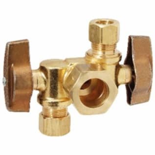 BrassCraft® KTCR1901DVX R KT™ 1/4 Turn Dual Outlet/Dual Shut-Off Ball Angle Stop, 1/2 x 3/8 x 3/8 in Nominal, Compression End Style, 125 psi Pressure, Brass Body, Rough Brass, Import