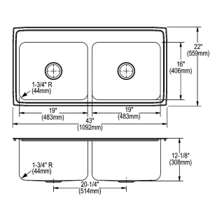 Elkay® DLR4322123 Lustertone™ Classic Kitchen Sink, Rectangle Shape, 19 in Left, 19 in Right L x 16 in Left, 16 in Right W Bowl x 12 in Left, 12 in Right D Bowl, 3 Faucet Holes, 43 in L x 22 in W x 12-1/8 in H, Top Mounting, Stainless Steel