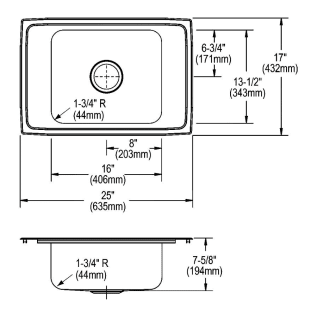 Elkay® DRKR25174 Lustertone™ Classic Classroom Sink, Rectangle Shape, 17 in W x 7-5/8 in D x 25 in H, Top Mounting, Stainless Steel, Domestic