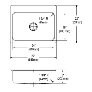 Elkay® DSESR127224 Dayton® Dual Mount Sink, Rectangle Shape, 4 Faucet Holes, 22 in W x 27 in D x 8 in H, Top/Under Mount, Stainless Steel, Elite Satin, Domestic