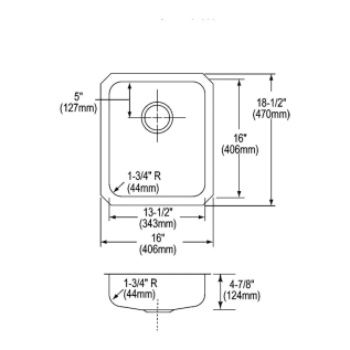 Elkay® ELUHAD131650 Lustertone™ Classic Kitchen Sink, Rectangle Shape, 13-1/2 in L x 16 in W Bowl x 4-7/8 in D Bowl, 16 in L x 18-1/2 in W x 4-7/8 in H, Under Mounting, 18 ga 304 Stainless Steel