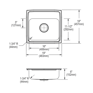 Elkay® LRAD1918603 Lustertone™ Classic Kitchen Sink, Rectangle Shape, 16 in L x 11-1/2 in W Bowl x 5-7/8 in D Bowl, 3 Faucet Holes, 19 in L x 18 in W x 6 in H, Top Mounting, Stainless Steel