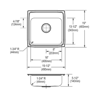 Elkay® LRAD1919553 Lustertone™ Classic Kitchen Sink, Rectangle Shape, 16 in L x 13-1/2 in W Bowl x 5-3/8 in D Bowl, 3 Faucet Holes, 19-1/2 in L x 19 in W x 5-1/2 in H, Top Mounting, Stainless Steel