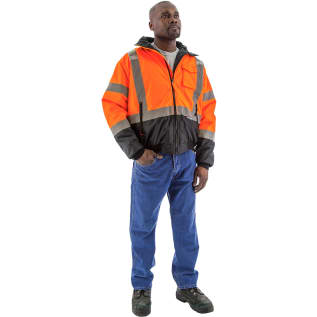 Majestic Glove 75-1314/L Bomber Jacket With Quilted Liner, Black Bottom/Hi-Viz Orange, Polyester/Polyurethane Coated, 55-1/8 in Chest, Resists: Water, Specifications Met: ANSI/ISEA 107-2015 Class 3 Type R