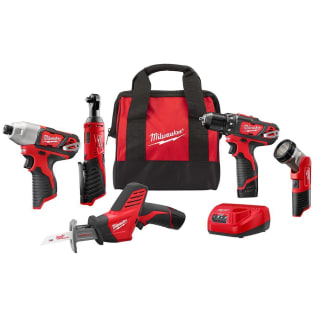 Milwaukee® M12™ 2498-25 5-Tool Keyless Cordless Combination Kit, Tools: 2407-20 3/8 in Cordless Drill Driver/HACKZALL® 2420-20 Reciprocating Saw/2462-20 Cordless Impact Driver/2457-20 12 V 3/8 in Cordless Ratchet/49-24-0146 LED Work Light, 12 VDC, 1.5 Ah