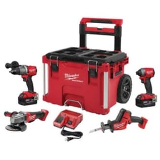 Milwaukee® M18 FUEL™ 2997-24PO 4-Tool Keyless Cordless Combination Kit, Tools: 2804-20 1/2 in Cordless Hammer Drill/2853-20 Impact Driver/2780-20 4-1/2 in/5 in Paddle Switch Grinder/HACKZALL® 2719-20 Reciprocating Saw, 18 VDC, 5 Ah